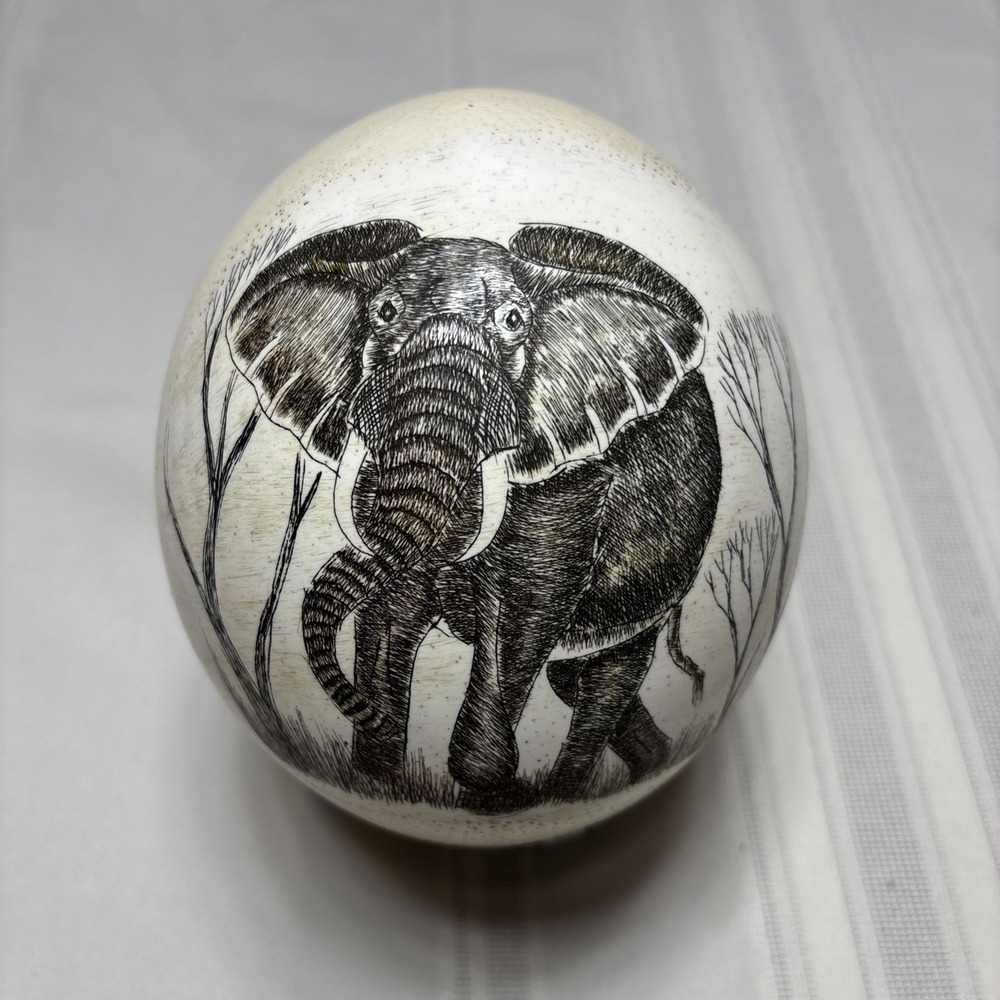 Hand Carved Ostrich Egg With South African Elephant